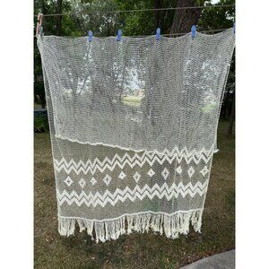 French Antique Ecru Filet Net Panels with Hand Knotted Fringing / Unique 1920s F